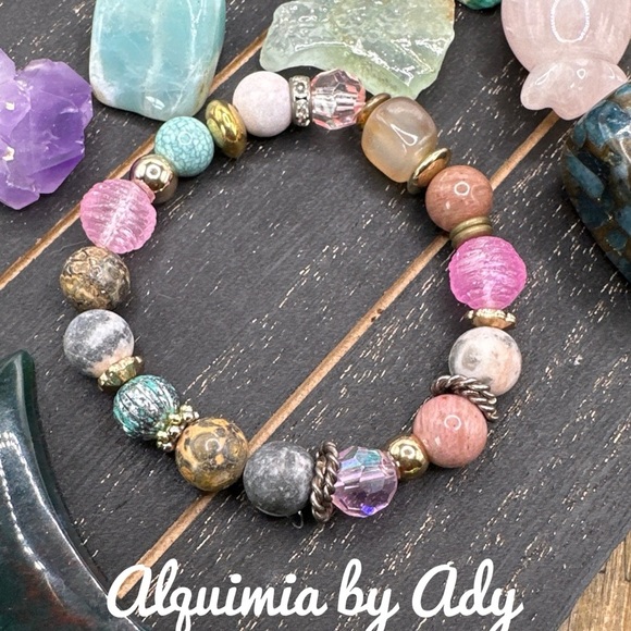 Chunky maximalist Rhodonite and rose Quartz beaded bracelet - Picture 1 of 1